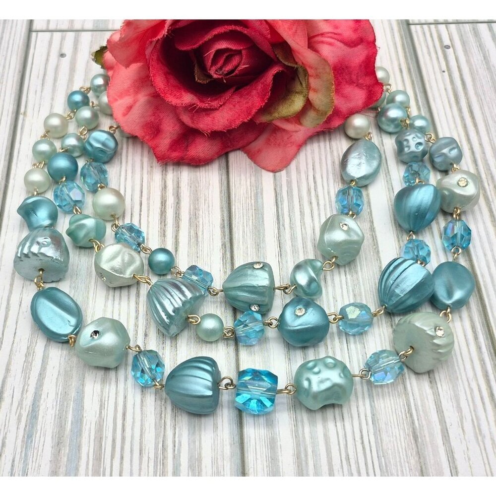 Vintage Aqua Blue Multistrand Collar Necklace Japan Signed Hook Clasp Crystals